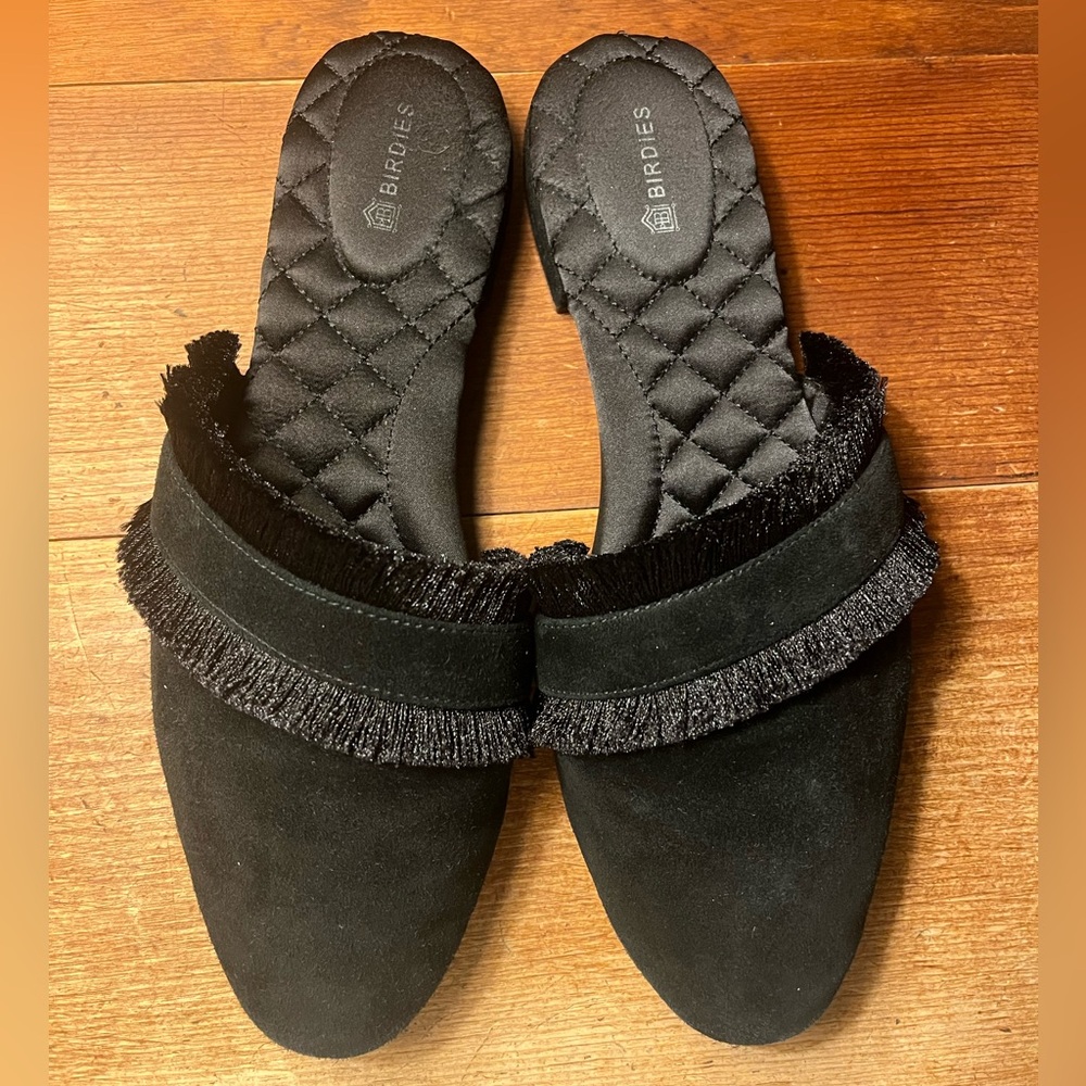 Birdies Ani Black Suede Fringe Quilted Insoles Slip On Mules Women’s 7